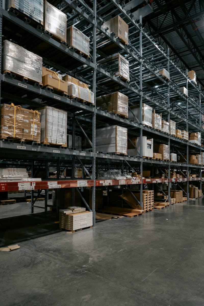 A well-organized industrial warehouse with stacked shelves and various pallets for efficient storage.